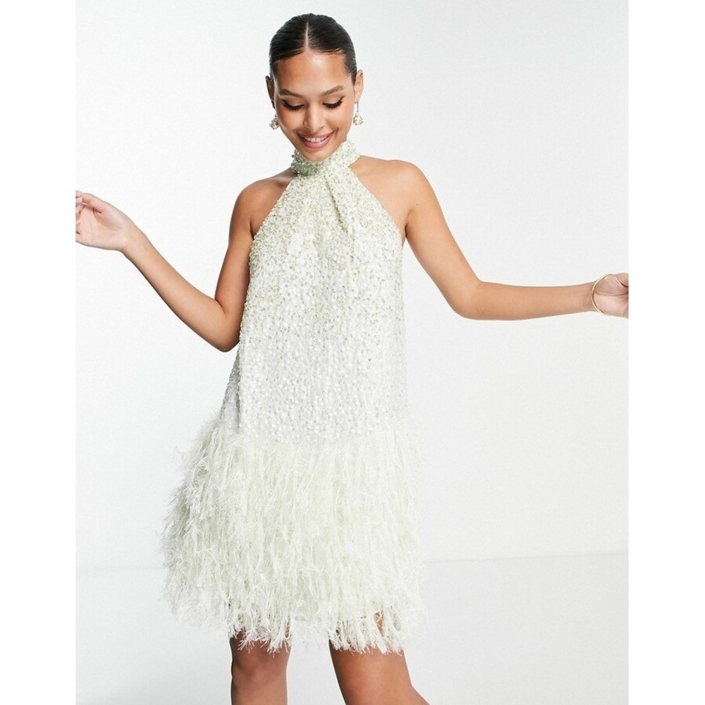 NWT ASOS EDITION Sequin Halter Mini Dress Mint Faux Feather Hem Party US 2